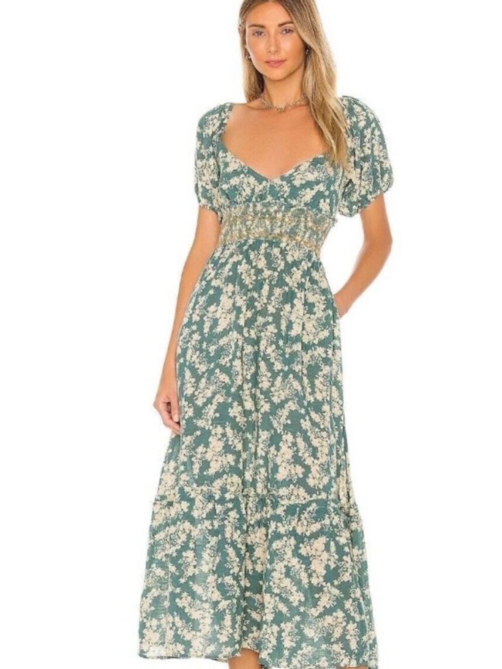 Free People NEW Ellie Green Floral Print Smocked Maxi Midi Peasant Dress size M